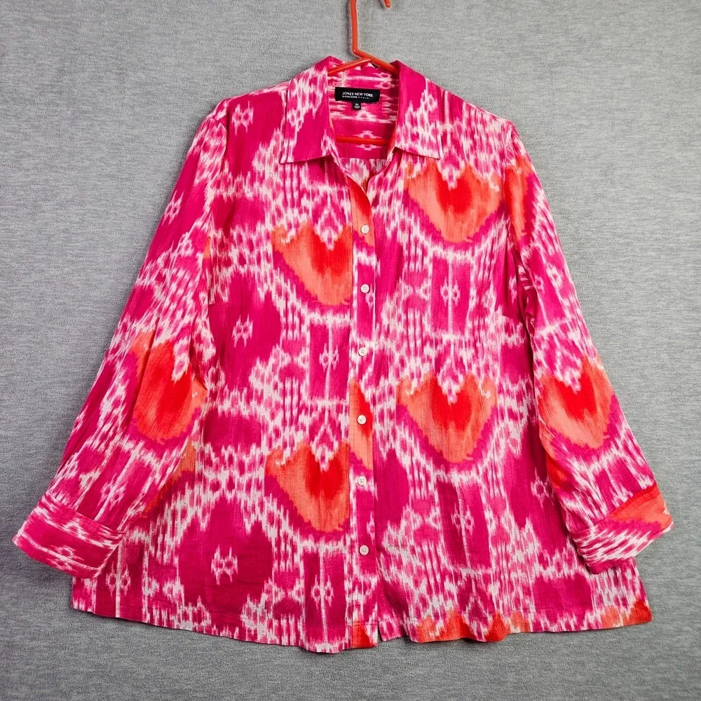 Jones New York Woman Women's 2X Pink Orange Ikat Print Button Front Shirt